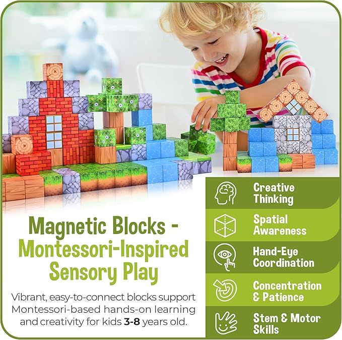 Magnetic Blocks – Build Mine Magnet World Set, STEM Montessori Sensory Toys for Boys & Girls Age 3-8, Educational Construction Cubes for Toddlers, Gifts for Kids 3+ Years Old