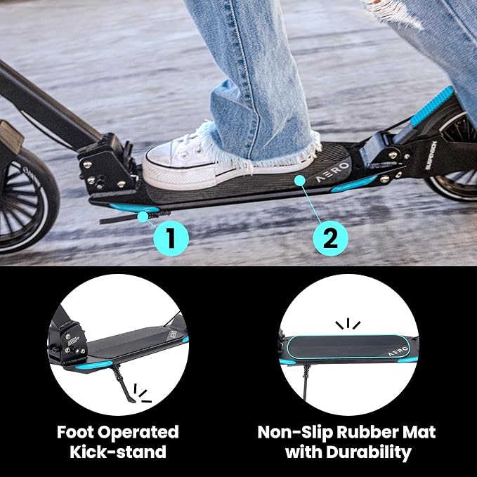 Aero Big Wheel Scooters for Kids Ages 8-12, Teens and Adults. Manual Kick Scooter for Boys and Girls, with Hand Brake, Rubber Mat, Shock Absorption, Foldable and Height Adjustable