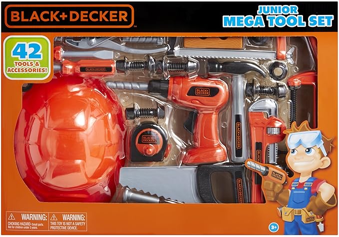 BLACK+DECKER Junior Kids Tool Set - Mega Tool Set with 42 Tools & Accessories! Role Play Tools for Toddlers Boys & Girls Ages 3 Years Old and Above, Includes Helmet! (58505)