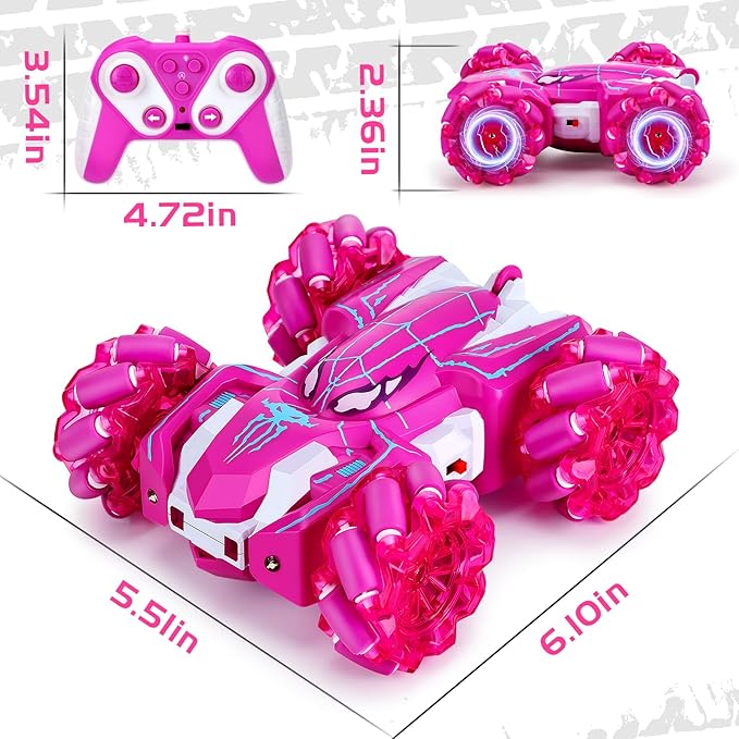 Remote Control Car for Boys 4-6,360° Rotating Double-Sided Rechargeable RC Stunt Cars with Cool Headlights,2.4Ghz 4WD Off-Road Racing Cars for Kids age 4 5 6 7 8 9 10 11 12 Chirstmas Gift (Pink)