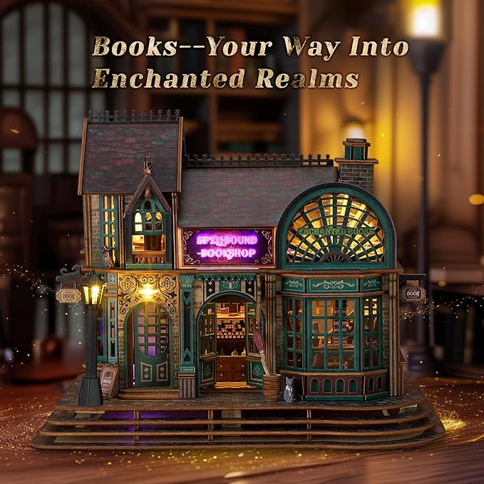 LED 3D Wood Puzzle - Magic Bookshop Building Model Kit with LEDs - DIY Miniature Magical Bookstore - 3D Puzzle Architecture Craft Gift for Adults