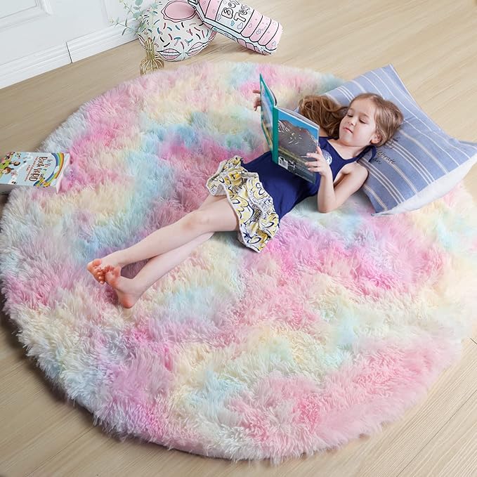 Amdrebio Rainbow Fluffy Round Rug 4Ft Kids Rugs for Girls Bedroom, Unicorn Room Decor, Colorful Pastel Shag Carpet for Preppy Dorm, Soft Cute Fuzzy Kawaii Circle Area Rugs for Baby Nursery, Playroom