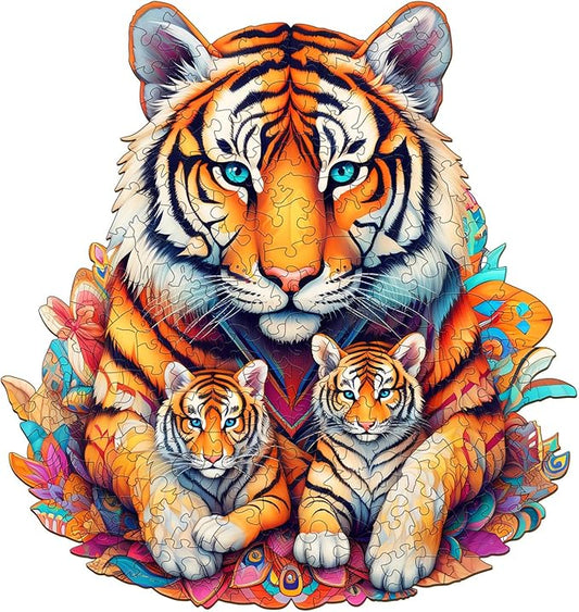 Wooden Puzzles for Adults, Tiger Family (M-190pcs) Wooden Jigsaw Puzzles Kids, 11.2 * 11.8in Unique Shaped Animal Wood Puzzles Adults, Fathers Birthday Family Games