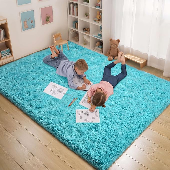 2x6 Blue Fluffy Bedside Runner Rug Machine Washable, Shag Throw Bedroom Rugs Non Slip, Hallway Small Area Long Plush Carpet for Nursery, Kid Boy Girl Room