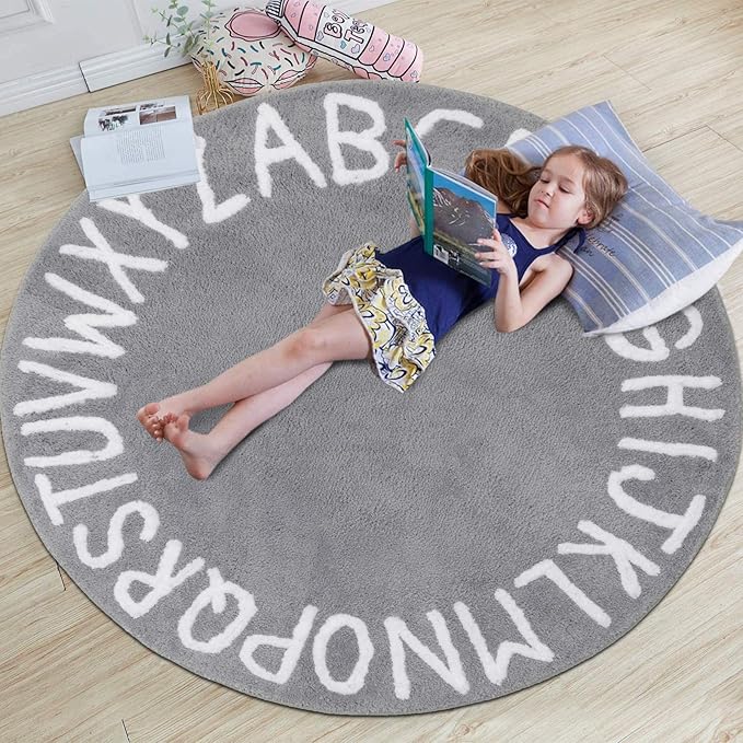 SHACOS Ultra Soft Round ABC Rug 4 Ft Alphabet Nursery Rugs Kids Room Toddlers Baby Crawling Playroom Fluffy Non Slip Washable 47 inch Circle Educational Carpet for Classroom, Gray