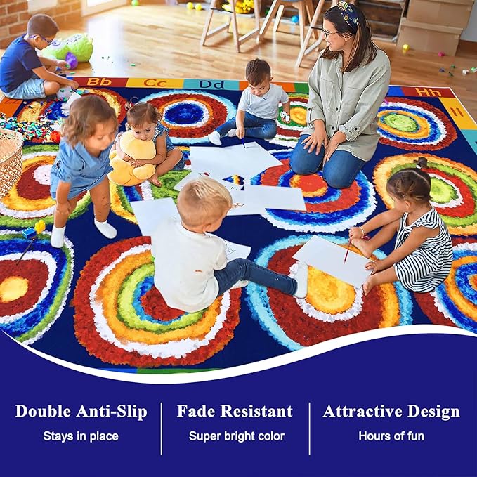 Classroom Rug 24 Seats Alphabet Educational Area Rug for Classroom Preschool Kids Room，ABC Kids Rug Rainbow Classroom Carpet, Playroom or Home Learning Floor Mat, 7'6" x 12', Deep Blue