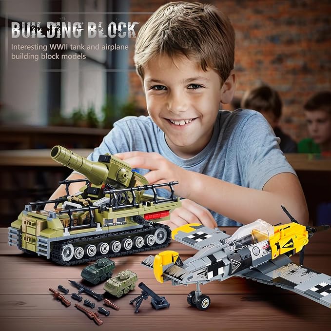 WW2 Military Toy Plane Building Block Set, Compatible with Lego, Create The Karl Giant Mortar Tank & BF109 Fighter Plane, Perfect Army Airplane Toy Gift for Boys, and Teens Aged 8-14 (1015 Pieces)