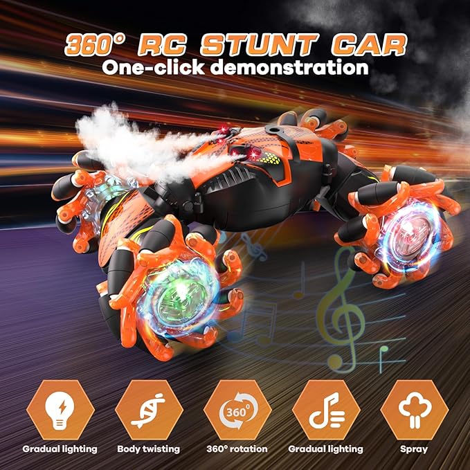 Gesture Sensing Remote Control Car,4WD Gesture Stunt RC Car 360° Rotate Transform Drift Toys Rc Hand Controlled Car with Lights Music Sprayer,Best Christmas or Birthday Gift for 6-12 Boys Girls