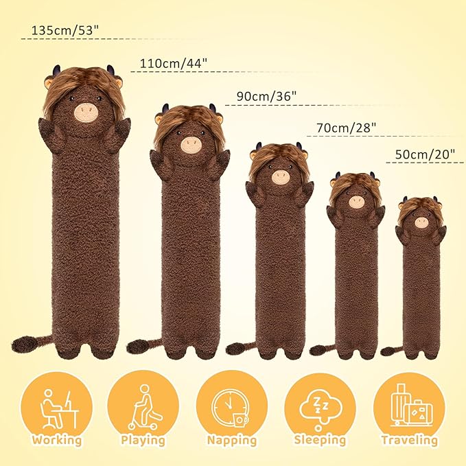Long Plush Cow Body Pillow, Cute Highland Cow Stuffed Animals Soft Plushies, Cow Squishy Big Cuddle Pillow Toys for Girls (20 Inches), Dark Brown