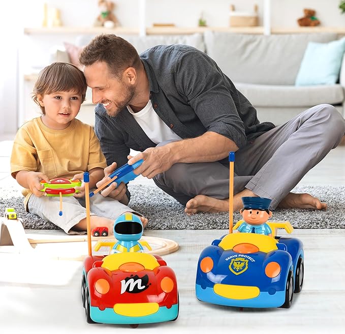 Haktoys Toddler Remote Control Cars 2-Pack – RC Toy Vehicles for Kids Ages 2-5, Boys & Girls – Police & Race Car Set with Independent Controllers for Simultaneous Play