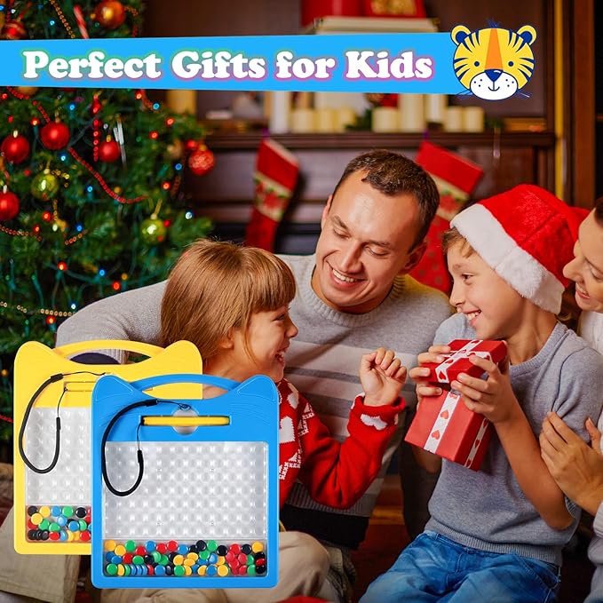 Magnetic Drawing Board for Kids, Toddler Magnet Doodle Board with Beads and 2 Pens, Magnetic Dot Art Toys, Airplane Car Travel Activities (Blue Cat)