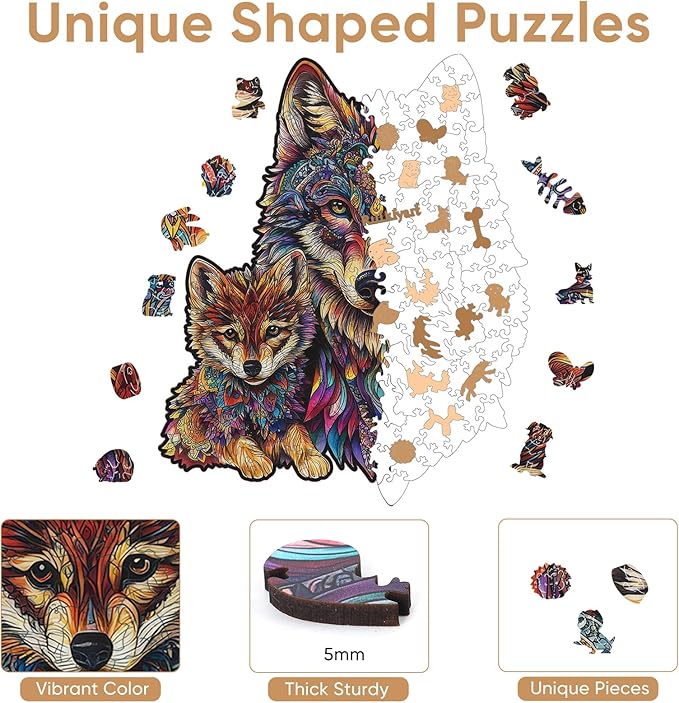 Wolf Family 200 Pieces Wooden Jigsaw Puzzles for Adults with Unique Irregular Shape Fun Challenging Animal Puzzles for Kids and Couples on Birthday,Children’s Day,Christmas 10.2"*11.8"