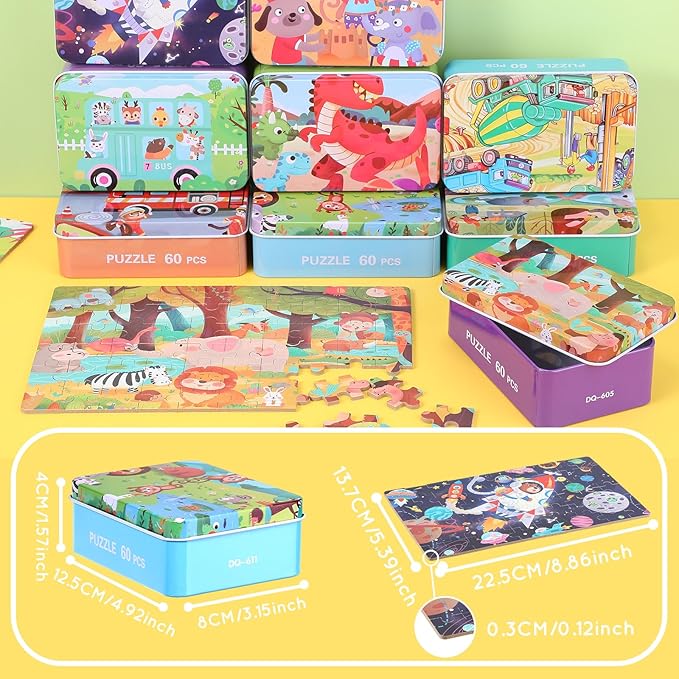 Libima 9 Boxes Party Favors Jigsaw Puzzles in a Metal Box for Age of 4-8 Wooden Puzzle for Ages 4-8 Boys and Girls Learning Educational Toys 9 Styles(Cute Style)