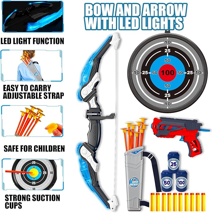 Doloowee Kids Bow and Arrow Set,Archery Toy Set with Light-up LED,10 Suction Cup Arrows,Foam Dart Shooting Toy,Target and Quiver,Indoor & Outdoor Toys Gifts for 3 4 5 6 7 8-12 Years Old Boys Girl