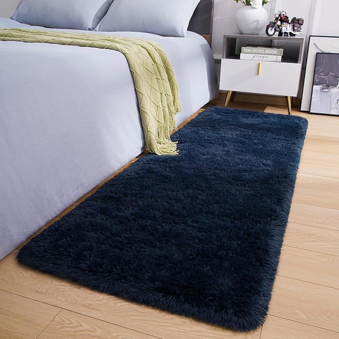 Amearea Shag Fluffy Runner Rug for Bedroom Girls Living Room, 2x6 Feet Extra Soft and Fuzzy Shaggy Rugs, Non Slip, Indoor Floor Long Carpet Mat for Boys Nursery Home Decor, Navy Blue