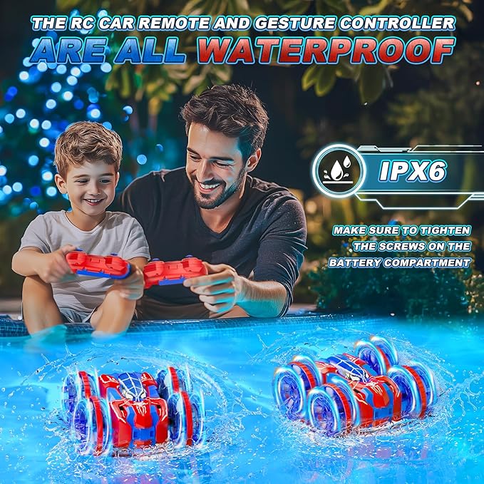 Waterproof Remote Control Car，4WD Amphibious 2.4 GHz RC Car Remote Control Boat，360°Rotation RC Stunt with LED Lights，Boys Girls Gifts All Terrain Water Beach Pool Toy