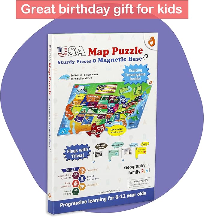 Butterfly Edufields United States Puzzle Toys for Boys 6 8 10, Magnetic Puzzle Book Gifts for 6 Year Old Boys, Puzzles for Kids Ages 6-8, Toys for Girls 6-8, Geography Games, Educational Kit for Kids