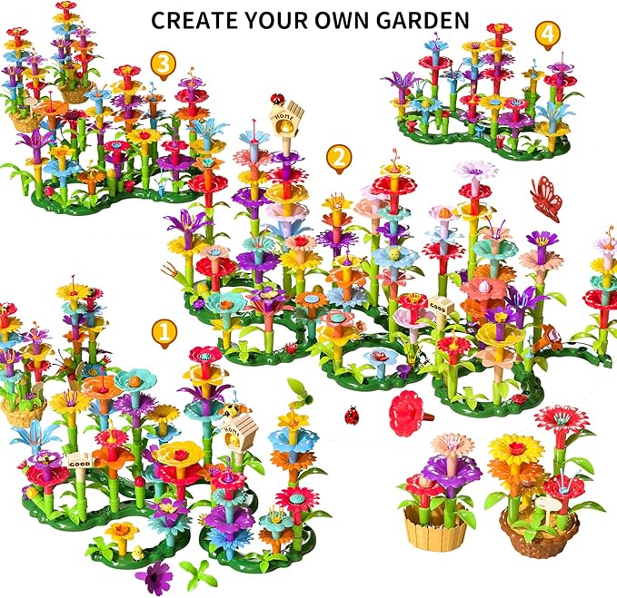 TEMI 224 PCS Flower Garden Building Toys for Girls Toys, Educational STEM Toy and Preschool Garden Play Set for Toddlers 3 4 5 6 7 Year Old Kids Boys Girls, Flower Stacking Toys for Kids Age 3-6