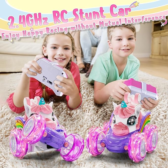 Unicorn Remote Control Car for Girls, 360° Rotating 4WD Stunt RC Cars with Cute Lights, Rechargeable Car Toys Birthday Gifts for Kids Girl Age 3 4-6 6-8