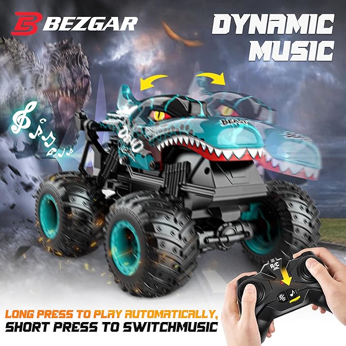BEZGAR Monster Truck Toys - Remote Control Monster Truck with Light & Music, Dinosaur Toys for Kids, 1:20 Scale RC Truck with 360° Spins and Drifting, Remote Control Car for Boys 4-7 Blue