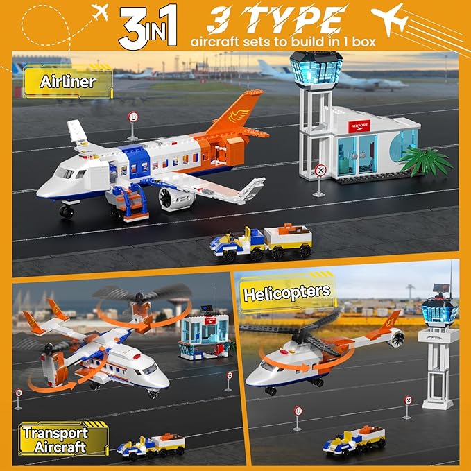 City Plane Building Set, Transport Plane, Helicopter Passenger Airplane 3 in 1 Building Toys with Luggage Trailer, Terminal, Radar Tower, Planes Model for Adults Boys Girls Age 8-12+