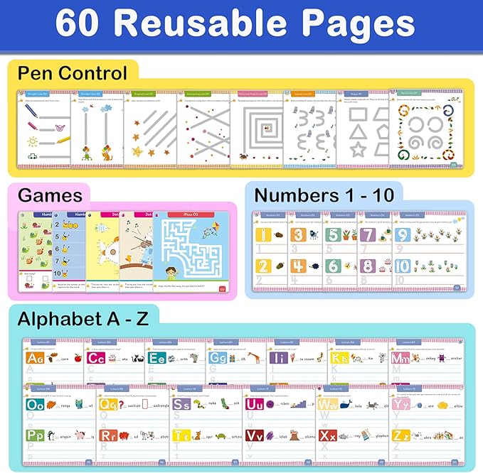 HOQEEWIPE Preschool Learning Activities Workbook - Fun Reusable 60 Pages Tracing Books for Kids Ages 3-5, Numbers, Letters, Fine Motor Skills Educational Learning Toys for Toddlers 2-4 Years Old