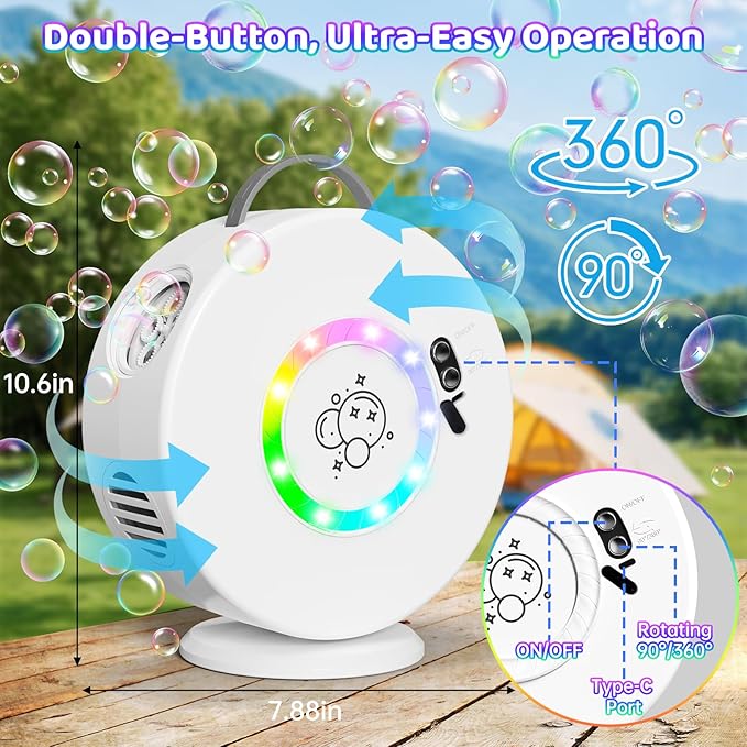 Bubble Machine for Kids Toddlers,90° 360° Auto Rotatable Portable Bubble Maker Toy for 3 4 5 Year Old, Automatic Bubble Blower with RGB Light Rechargeable, Outdoor Wedding Party Birthday Gifts