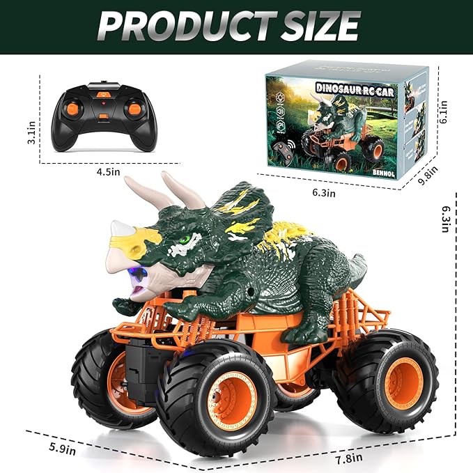 Bennol Remote Control Dinosaur Car for Boys Kids, 2.4Ghz RC Dinosaur Truck Toys for Toddlers, Electric Hobby RC Car Toys with Light & Sound Spray for 3 4 5 6 7 8 Year olds Kids Boys Girls