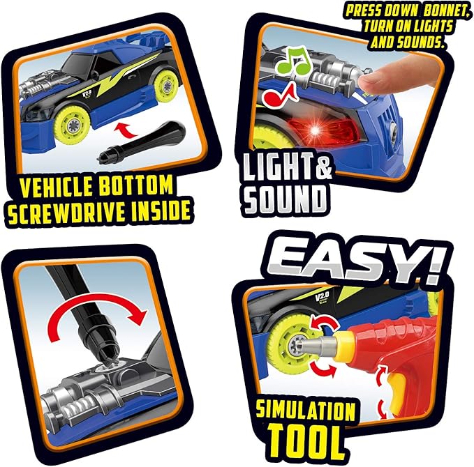 Pup Go Take Apart Toy Racing Car Sound Light, 2 in 1 Build Your Own Car, Drill & Power Tools, Gift Present Children Construction Building Toys for Age 3+ Year Old Boy Kids(4 Spare Screws Included)