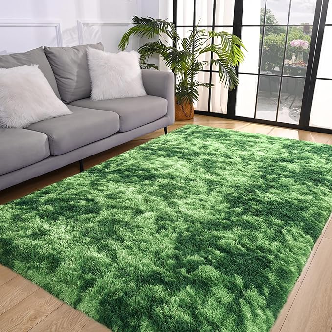 Pettop Large Shag Area Rug, 6x9 Tie-Dyed Plush Fuzzy Rugs for Living Room, Ultra Soft Shaggy Rugs for Bedroom, Non-Slip and Washable Indoor Carpet for Girls Kids Room Home Decor, Dark Green