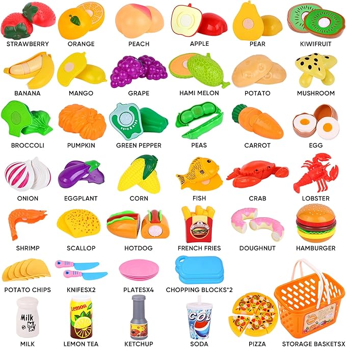 AROIC 92PCS Play Food, Toddler Kitchen Accessories Food Toys with Cutting Fruits & Vegetables, Plastic Mini Dishes Shopping Basket and Knife, Pretend Play Gift Kitchen Playset Velcro Cutting Toys