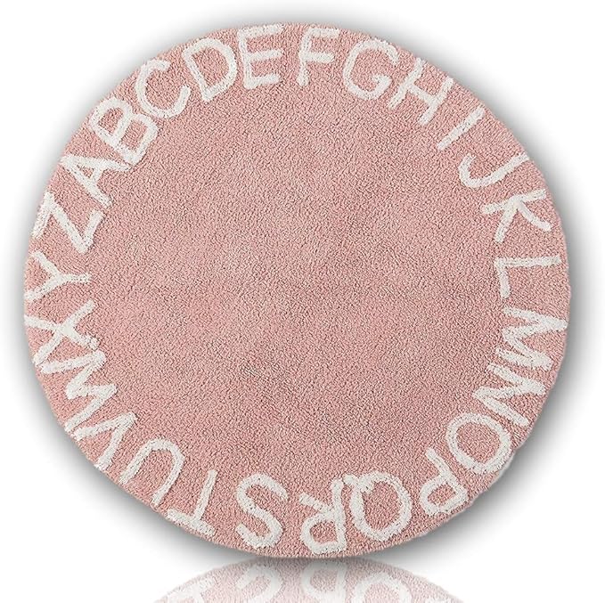 ABC Kids Rug Alphabet Educational Area Rugs for Infant Toddlers - Baby Play & Sleeping Plush Mat, Hand Woven Alphabet Carpet for Home Decor Teepee Tent (Round, 47", Pink White)