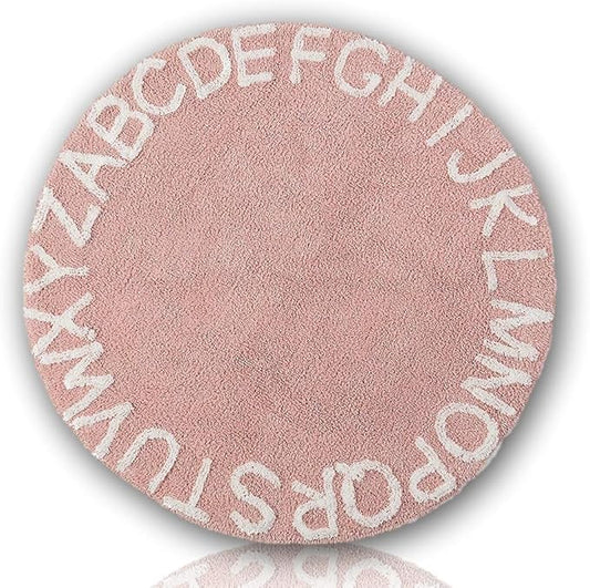 ABC Kids Rug Alphabet Educational Area Rugs for Infant Toddlers - Baby Play & Sleeping Plush Mat, Hand Woven Alphabet Carpet for Home Decor Teepee Tent (Round, 47", Pink White)