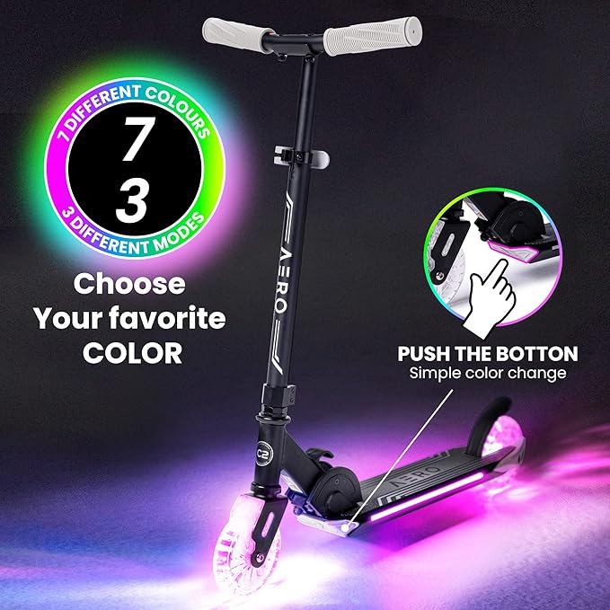 Aero 2 Wheel Kick Scooter for Kids Ages 5-7 or 5-8 or 6-10 or 6-12 with Dynamic Lights, Scooters for Boys and Girls 6 Years and Up with Light up Wheels and Deck