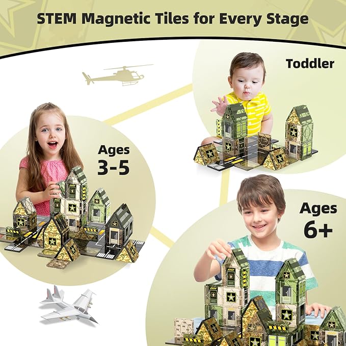 GobiDex 100PCS Army Magnetic Tiles Building Toys for 3+ Years Old Boys, Military Magnetic Blocks STEM Sensory Birthday Gifts for Army Men Playset, Upgraded Stacking Magnets for Kids