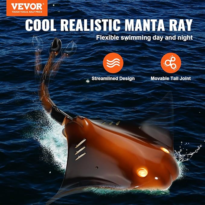 VEVOR Remote Control Manta Ray Toy, 2.4GHz High Simulation Robot RC Shark Stingray Fish Toys with Light, RC Boat Bathtub Summer Swimming Pool Toys for 6+ Year Old Boys and Girls
