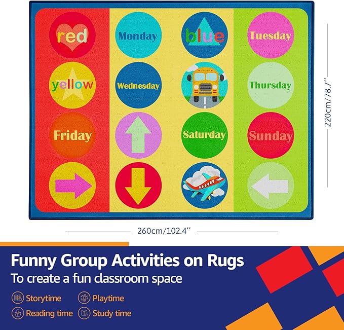 Classroom Rug 6'5"x8'5" Classroom Carpet for Preschool Education Daycare Rug Kids Playroom Carpet for Elementary, Kids Room