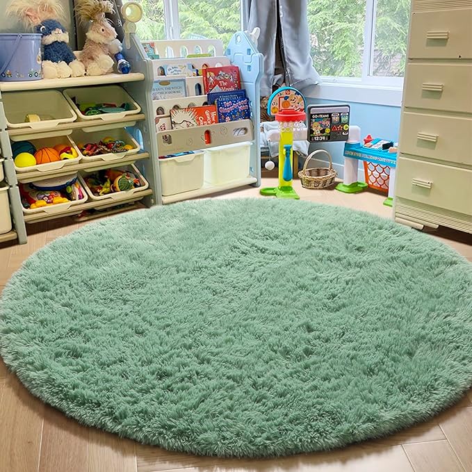Amdrebio Sage Green Round Rug 4Ft for Bedroom Aesthetic, Fluffy Furry Circle Rugs for Nursery, Classroom, Teen Boys, Baby Kids Room Decor, Cute Shaggy Area Rug for Dorm, Fuzzy Plush Light Mint Carpet