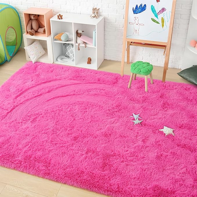 Amearea Shag Fluffy Area Rug for Bedroom Girls Living Room, Extra Soft and Fuzzy Shaggy Rugs, Non Slip, Solid Color Carpet Mat for Boys Nursery Home, Hot Pink 5.3x7.5 Feet