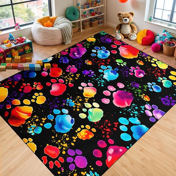 Paw Print Rug - Cute Colorful Dog Cat Paw Print Rugs Cartoon Animal Claw Carpet for Kids Bedroom Cute Animal Paw Themed Decorative Carpet for Playroom Soft Decor for Classroom,3'×4'