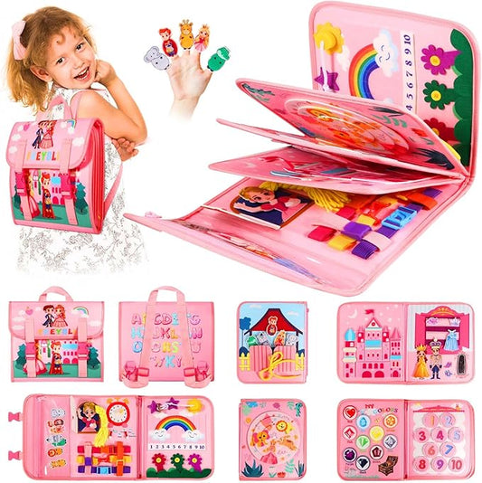 Pink Montessori Busy Board Book for Toddlers 1-3, Montessori Toys for 1-3 Year Old Girl Birthday Gift, Educational Quiet Activity Books for Toddlers 1-3, Airplane Car Travel Toys for Ages 2-4