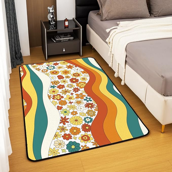 Erosebridal 70S Retro Flower Area Rug Kids Girls Cute Groovy Vintage Floral Rug 5x7 Rainbow Wavy Geometric Floral Hippie Colorful Abstract Boho Botanical Non Slip Carpet for Bedside
