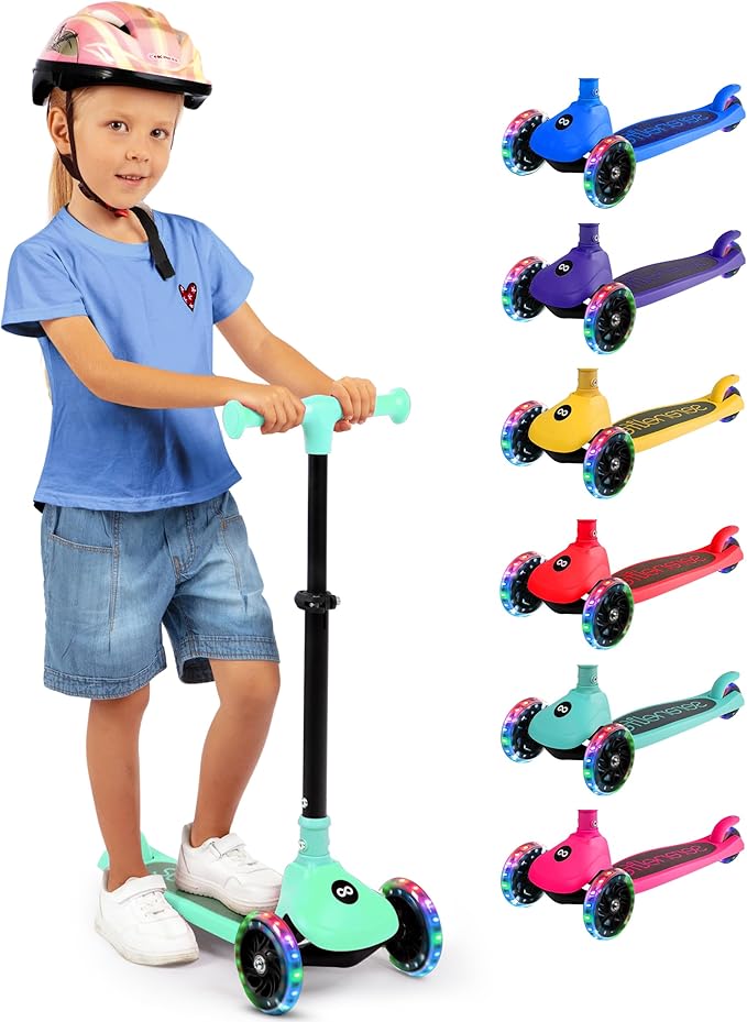 SereneLife 3 Wheel Foldable Kids Scooter - Foldable Seat, LED Wheel Lights, Adjustable Handlebar, Rear Foot Brake, Lean-to-Steer, Anti-Slip Deck, Ideal for Toddlers Kids 3+, up to 110Lbs