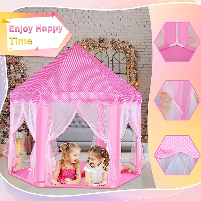 Princess Tent with Rainbow Rug, Little Star Lights for Girls, Pink Play Tent for Kids, Girls Toys Set for Indoor Princess Games Decor, Princess Castle Playhouse