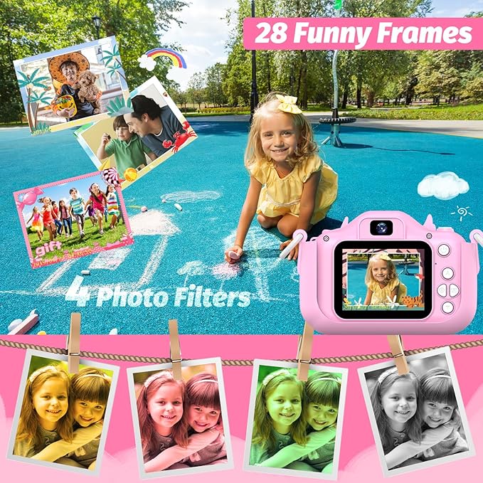 Goopow Kids Selfie Camera Toys for Girls Age 3-9, Digital Video Camera Toy with Protective Cover,Christmas Birthday Festival Gifts for 3-9 Year Old Girls Boys- 32GB SD Card Included