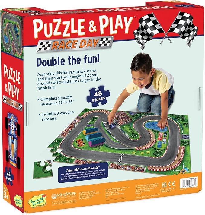 Peaceable Kingdom Puzzle & Play: Race Day - Floor Puzzle for Kids Ages 3 and Up - Includes 3 Wooden Vehicles to Zoom Around The Race Track Puzzle for a Double Dose of Fun - Measures 26” x 36”