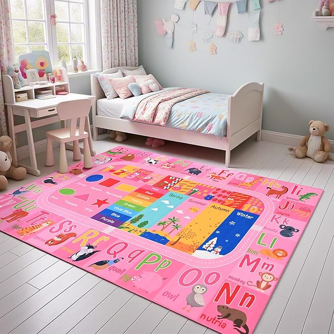 Pink Kids Rug for Playroom Classroom, ABC Alphabet Numbers Play Toddlers Rugs, 4x6 Learning Educational Bedroom Floor Mat, Washable Baby Carpet for Girls Room, Nursery, Preschool, Daycare