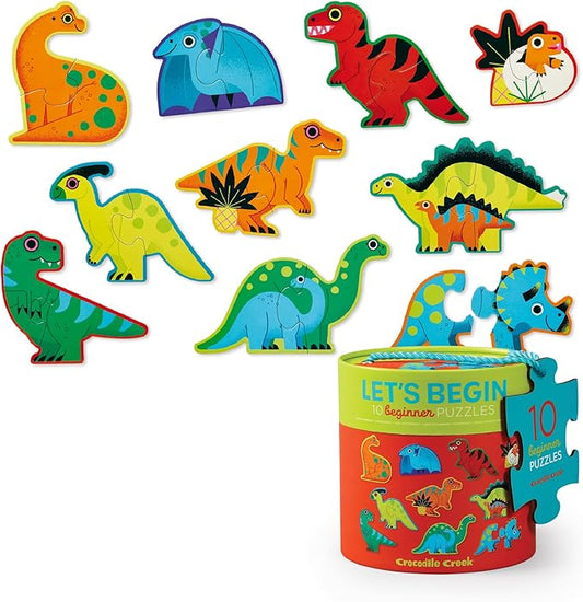 Crocodile Creek Let’s Begin Puzzle - Ten 2-Piece Beginner Puzzles for Ages 2 and Up - Heavy-Duty Storage Canister with Handle - Colorful Dinosaurs Design - Each Puzzle is 6" L x 4" H Finished