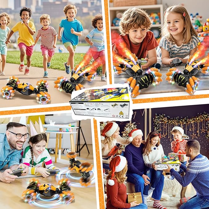 Remote Control Stunt Car Toys: Christmas Birthday Gifts for Boys Toys Ages 6-12 - 2.4Ghz Gesture Sensing Remote Control Cars with Light and Music Spray - 8WD Drift 360° Rotating RC Car for 7-14