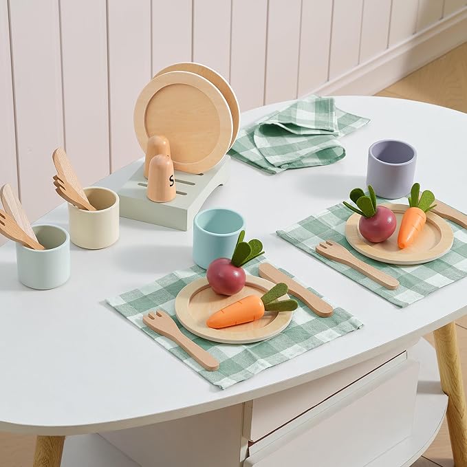 Wooden Toy Dish Set Toddler Plates and Cutlery Set Children's Kitchens Accessories Kids Role Play Food Gift for Girls and Boys
